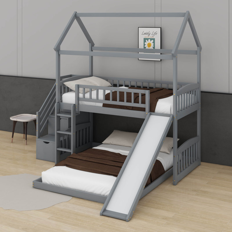 Twin Over Full Bunk Bed With Slide, Grey