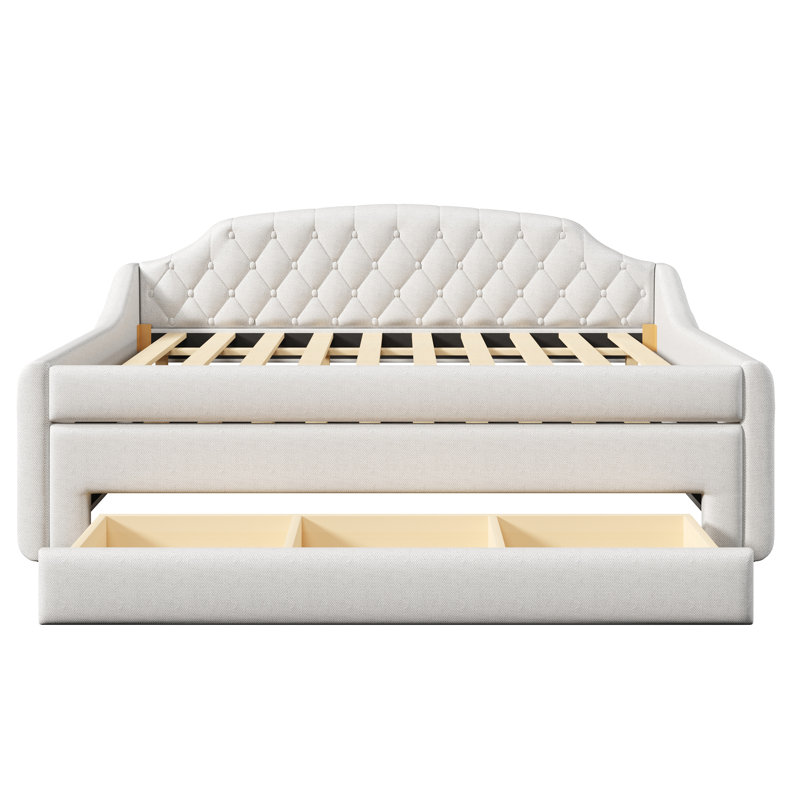 Upholstered Full Daybed with LED Lights, Trundle & 3 Storage Drawers, Beige, Beige
