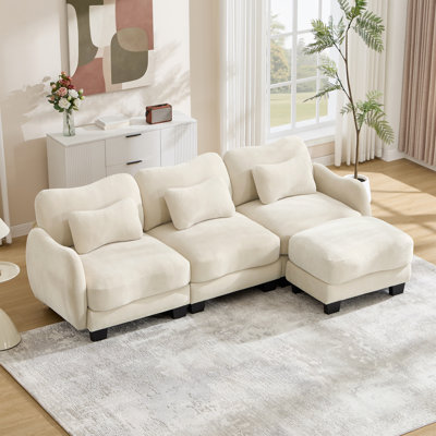 3-Seater Modular L-Shaped Sectional Sofa with Movable Ottoman, Chenille Deep Seat Couch with 3 Lumbar Pillows and Curved Arms, Green