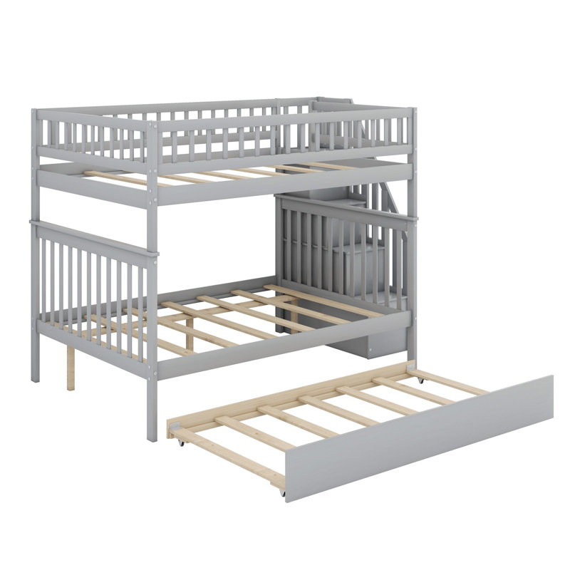 Full Bunk Bed with Built-In Stairs , Trundle Bed Included, Gris