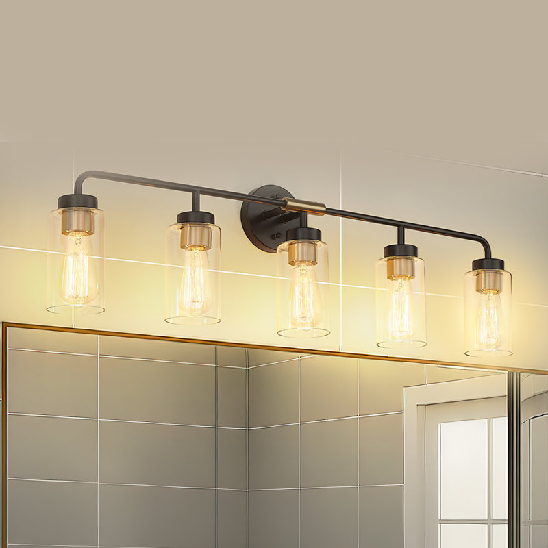 5 - Light Bathroom Steel Dimmable Vanity Light Black And Gold Clear Glass Shade