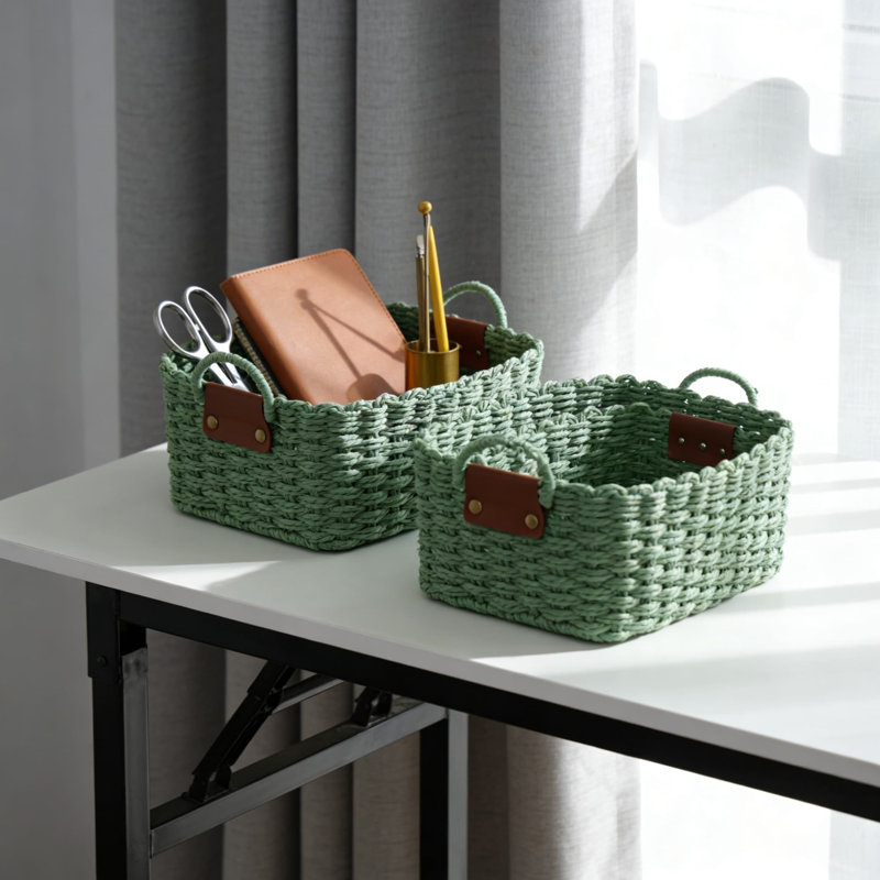 Handwoven Storage Baskets Set Of 3, Eco-Friendly Recycled Paper Rope Organizer Bins With Vegan Leather Trim For Shelves, Bathroom, Desk, And Home Decor