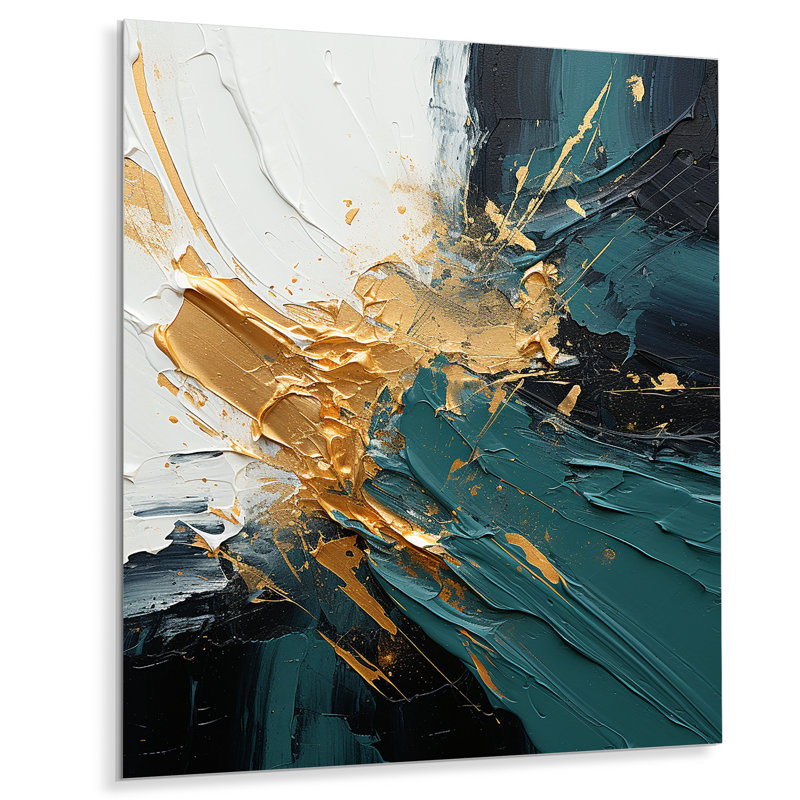 Or et vert cascade de marbre blanc V - art mural abstrait en métal, H 20 po x l 12 po x P 1 po