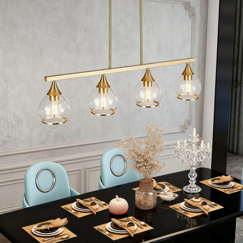 Luminaire suspendu pour îlot de cuisine 4 lumières avec abat-jour en verre, H 50,8 po x l 35,4 po x P 5,5 po, Doré