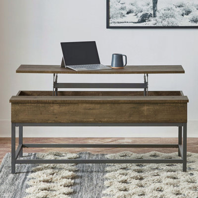 Table basse à plateau relevable brun chêne et sable noir