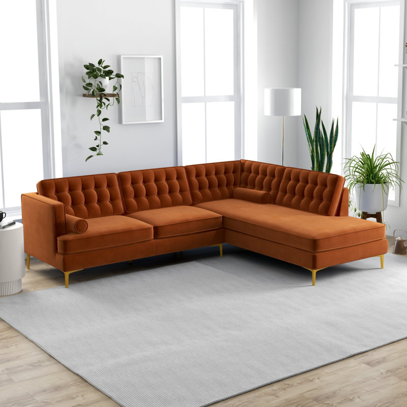 Canapé et chaise longue en velours Addilynn, Orange, Accoudoir à droite (vu de face)