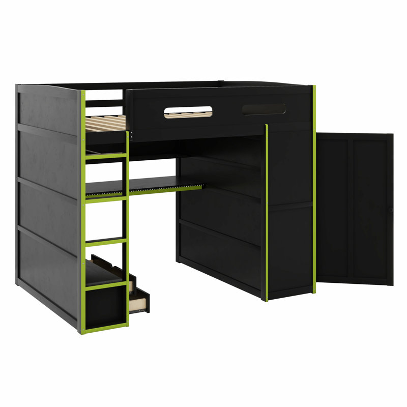 Lit mezzanine en bois avec bureau, garde-robe, grand espace de rangement et lumière DEL RVB, Vert / noir