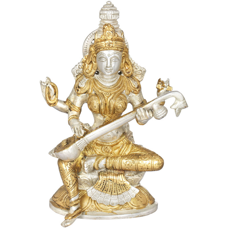 Figurine déesse Saraswati assise sur un lotus, Argent / or
