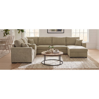 Canapé modulaire à 5 places à 5 places, canapé en U de 134 po, grand canapé familial avec méridienne, siège profond confortable, porte-gobelets intégrés, tiroir de rangement et coussins pour le salon, brun