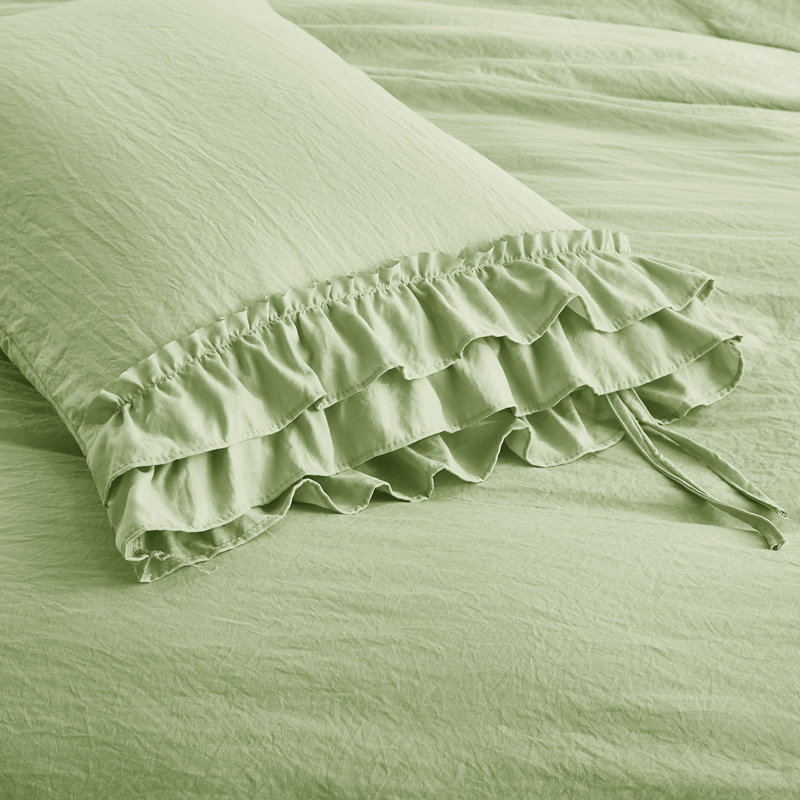 Ensemble de housse de couette pré-lavée ultra douce de taille 3 avec franges faites à la main, Sage