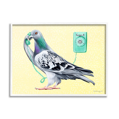 Pigeon pastel, appel téléphonique rétro sur fond jaune, art texturé par Amelie Legault
