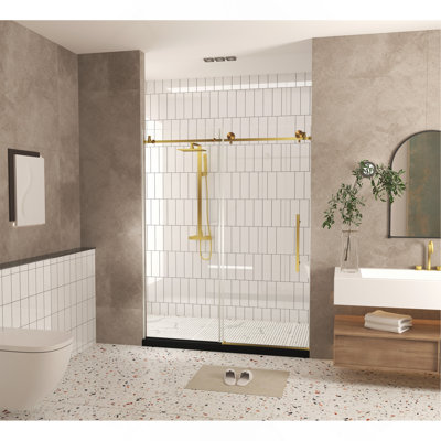 Frameless shower door 56-60 "W x 76"H, 1/4 "(6 mm) Clear Tempered Glass, Explosion Proof Film, Stainless Steel Handle,Brushed Gold