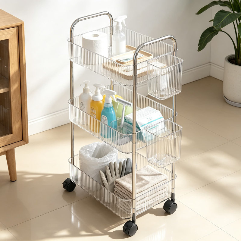 Chariot de rangement roulant à 3 niveaux en acrylique avec roulettes, organisateur transparent pour buanderie, chariot utilitaire mobile multifonctionnel pour salle de bain, cuisine, bureau, salon, table de chevet, montage facile