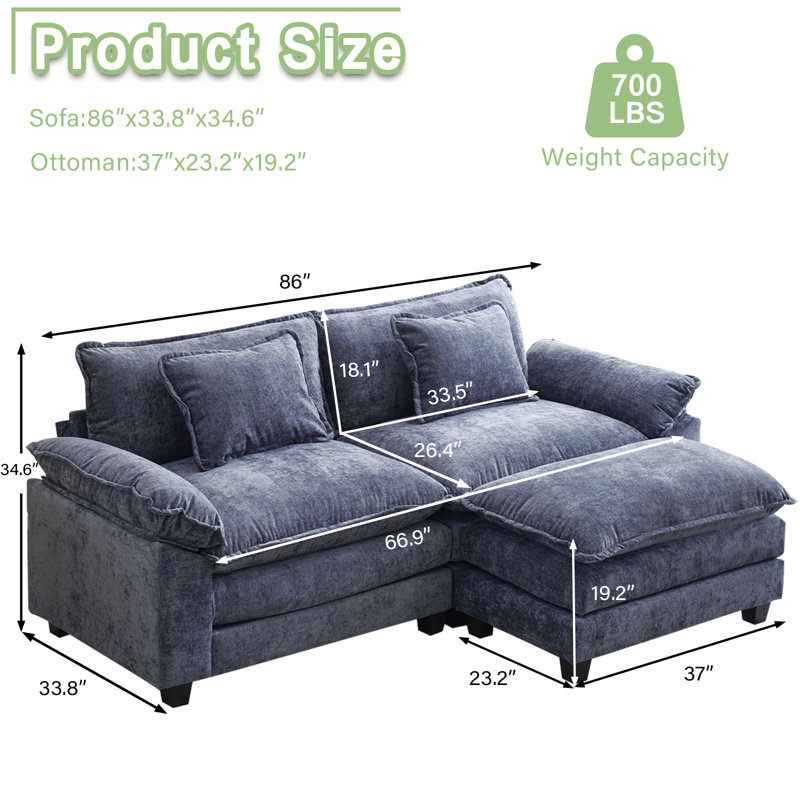 Arale 86'' Wide Comfy Cloud Couch Sectional Loveseat Sofa with Ottoman, Arale Blue Chenille