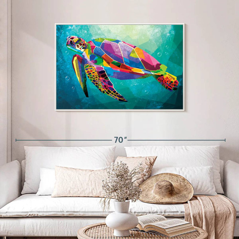 Tortue arc-en-ciel géométrique, Cadre flottant blanc, 43 po x 29 po