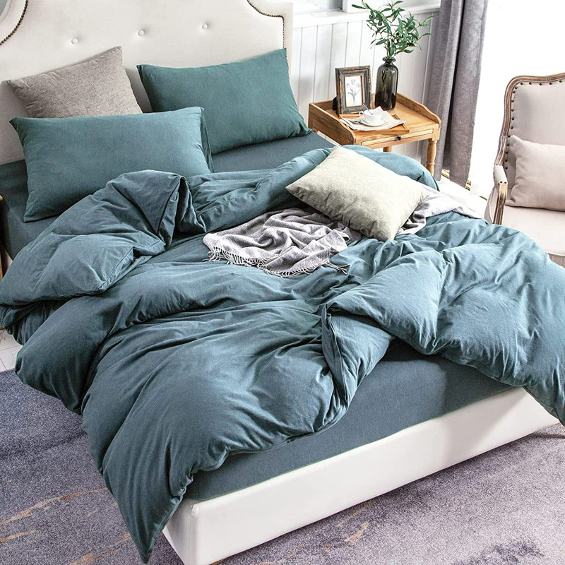 HOME BEDDING Jersey Cotton Duvet Cover Set, California King Duvet Cover + 2 King Shams, Teal Green
