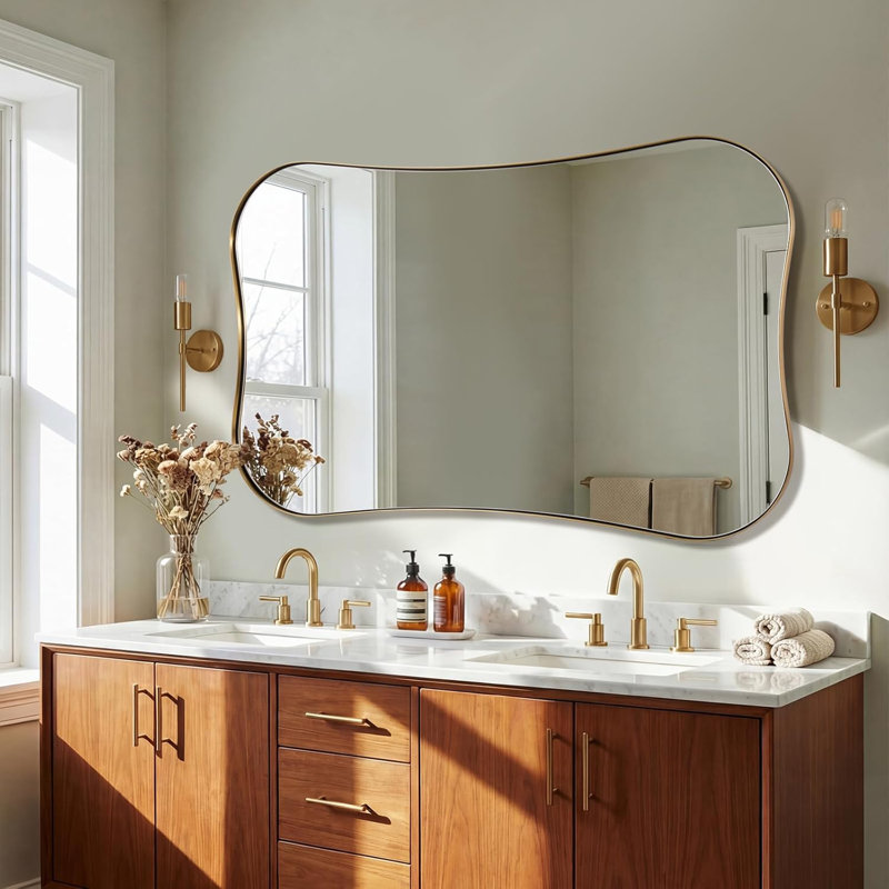 Contemporary Dual Concave Edge Scalloped Rectangle Bathroom Vanity Mirror | Stainless Steel Frame, Brushed Gold, 48" x 28" 