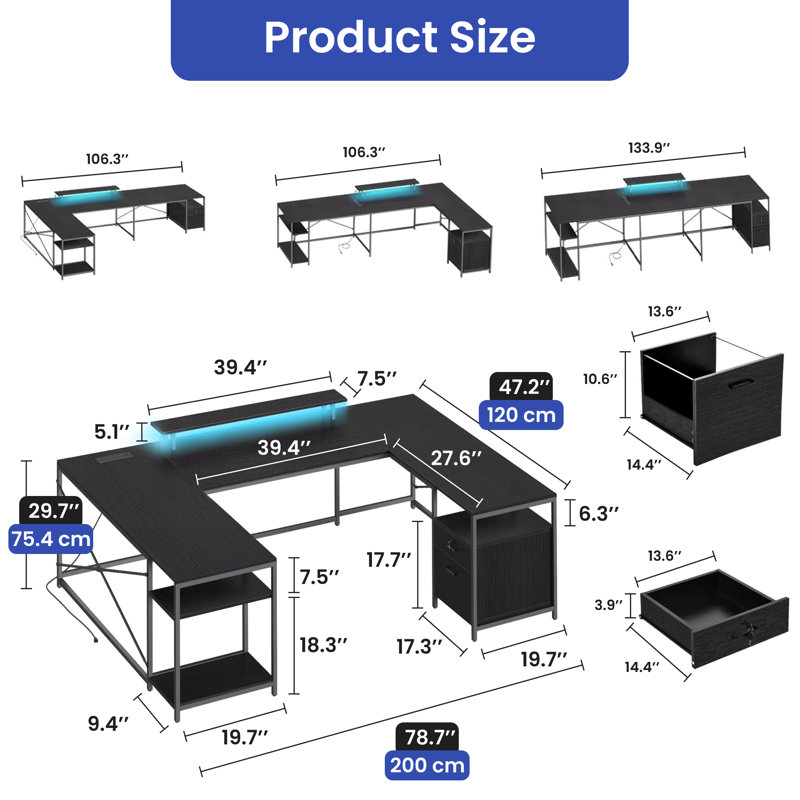 Lannes U-Shaped Metal Base Computer Desk with Power Outlet, Black/Black