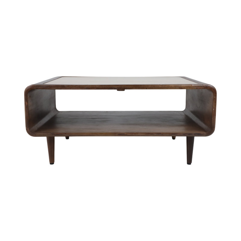 Modern Mango Wood & Travertine Coffee Table with Open Storage Shelf