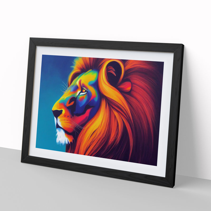 Compelling Lion - Single Picture Frame Print, Black, 46cm H x 64cm W x 2cm D