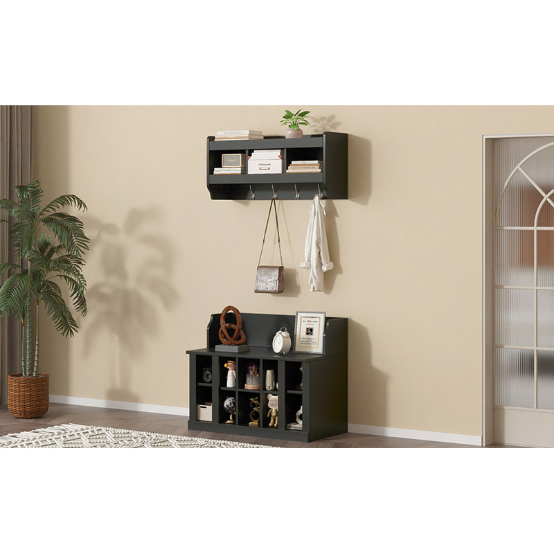 Banc de rangement pour chaussures avec tablettes et 4 crochets, portemanteau élégant avec portemanteau mural, rangement pour vestibule, vestibule, vestibule
