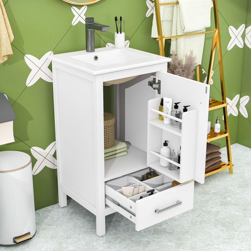 Meuble-lavabo avec lavabo en céramique, tiroir et porte, Blanc