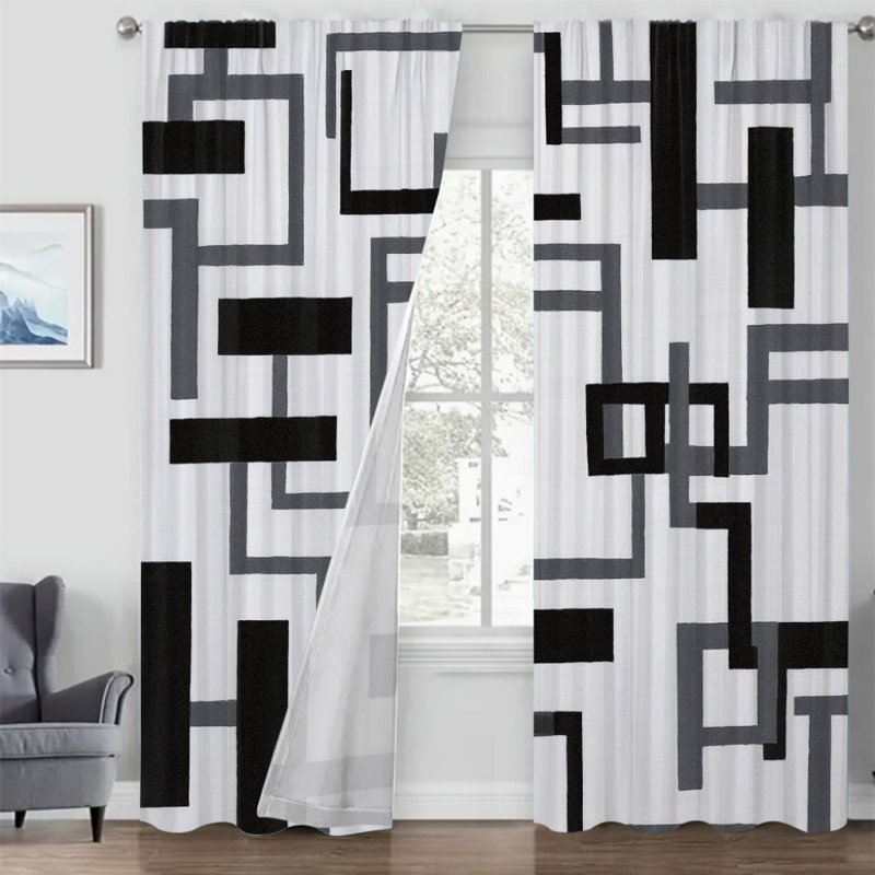 2Pcs Modern Geometric Pattern Curtains, Abstract Block Design  Light Filtering Window Drapes For Living Bedroom Kitchen, Rod Pocket Decor, Home Accessories
