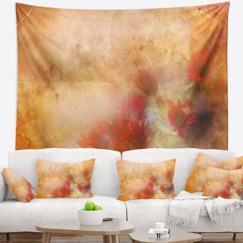 Fleurs rouges et roses sur une tapisserie brune, H 32 po x l 39 po