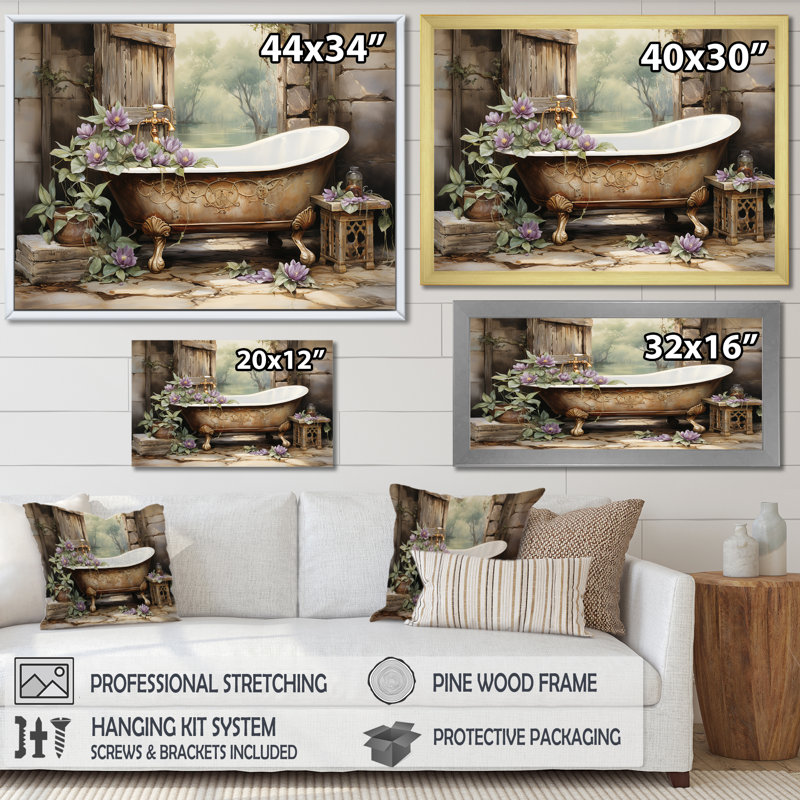 Farmhouse Bathaign Florals - Impression sur toile encadrée pour salle de bain, H 12 po x l 20 po x P 1 po