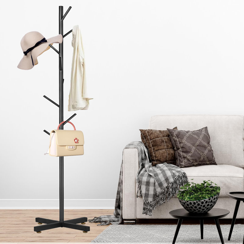 Modern Freestanding Metal Coat Rack with Sturdy Cross Base, Hall Tree Stand for Coats Jackets Hats Bags Entryway, Black