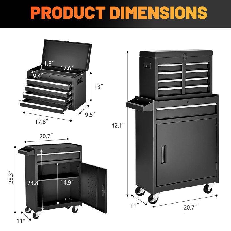 5 chariots à outils en métal avec boîte supérieure amovible, roues universelles et outils de 154 pièces - acier, antirouille, idéal pour le rangement, rangement à roulettes, 5 tiroirs, tablette réglable, outils, rangement facile à déplacer