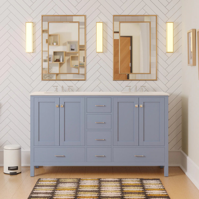 Claudett 60'' Double Bathroom Vanity with Top, Engineered White, Powder Blue