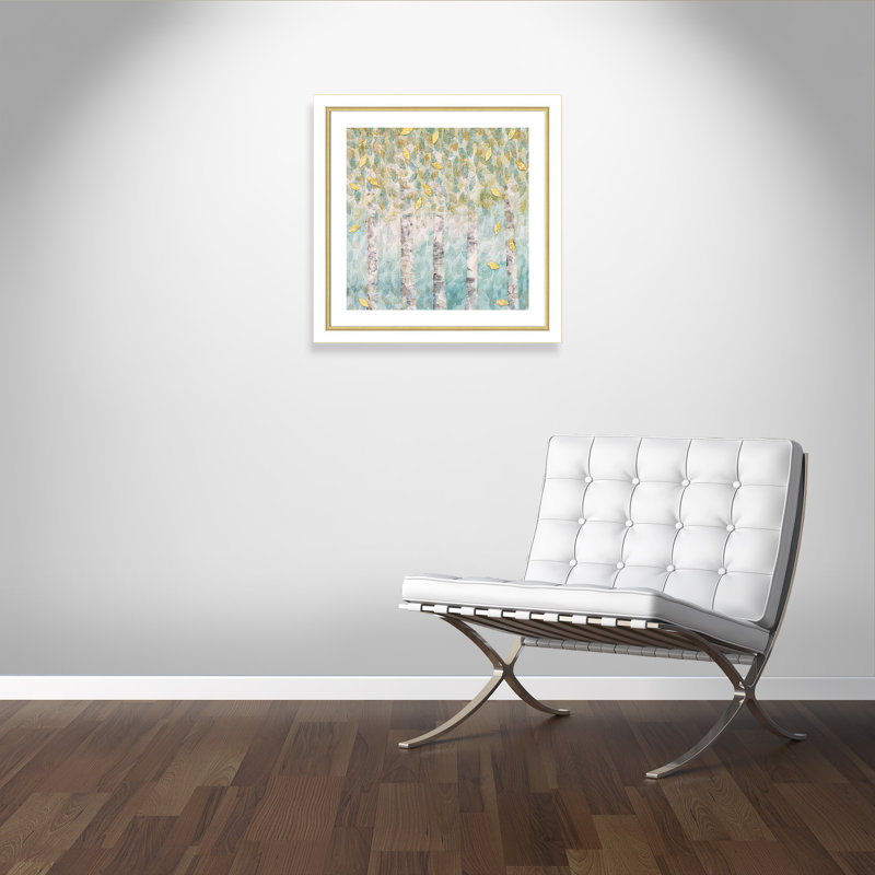 Bouleau aqua doux - peinture encadrée, Blanc/doré, H 29,75 po x l 29,75 po x P 1,125 po