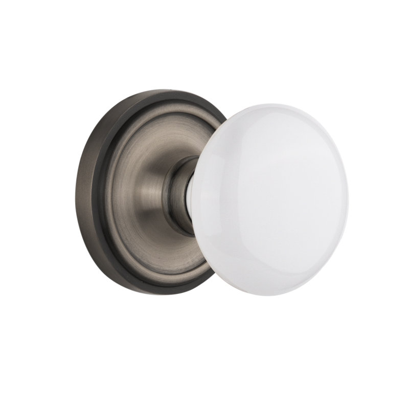 Classic Rosette with White Porcelain Door Knob, Antique Pewter