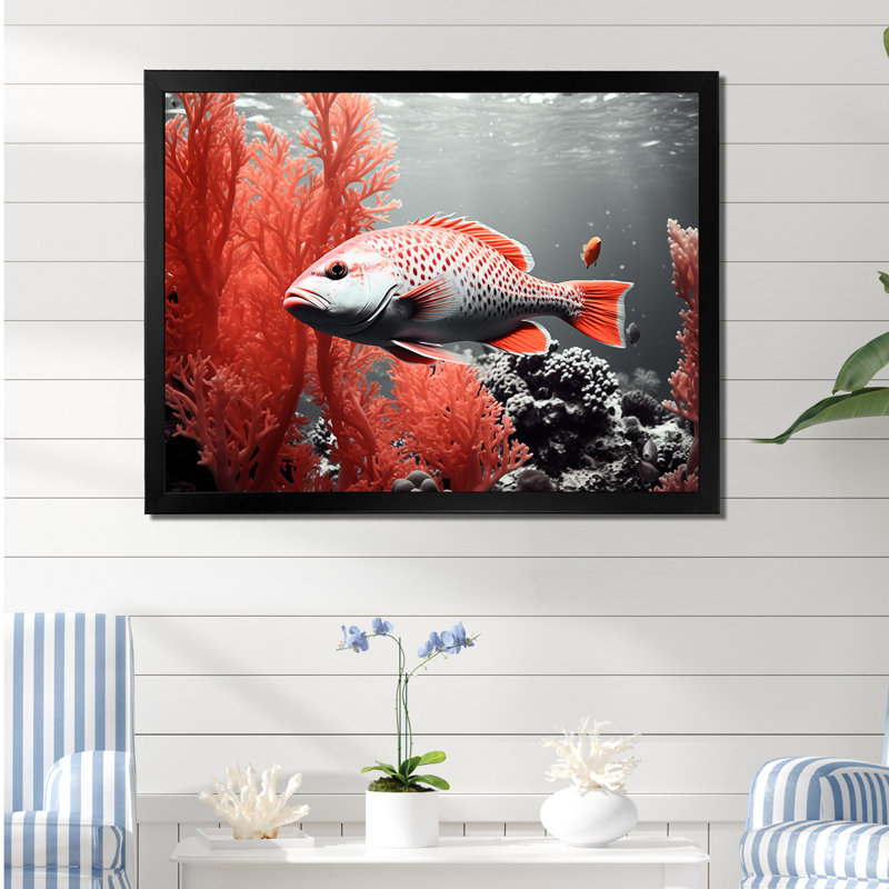 Impression sur toile monochrome corail et poisson gris I, Cadre simple noir, H 24 po x l 32 po x P 1 po