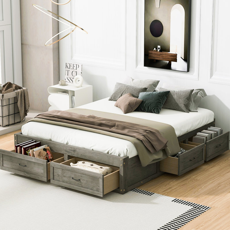 Grand lit gris antique avec 6 tiroirs de rangement, idéal pour les vêtements supplémentaires, chambre à coucher au design épuré organisant des articles saisonniers, espace propre
