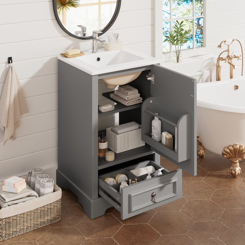 Meuble-lavabo simple de 20 po avec plateau en céramique, tablette ajustable en U et tiroir divisé, Gris