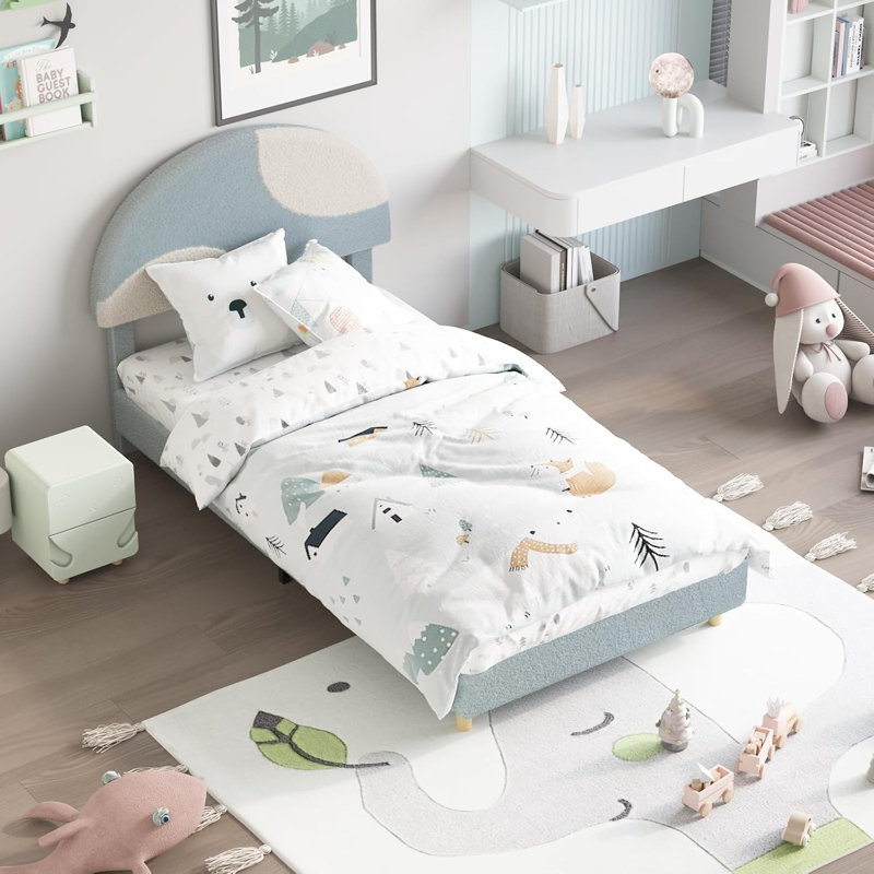 Twin Boucle Bed Frame with Blue/White Arch Headboard, Kids Slat Platform, Easy Assembly, Blue, Twin