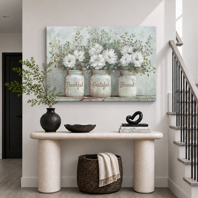 «Thankful Grateful Blessed Inspirational Green Floral Rustic Mason Jar», grande impression sur toile, H 16 po x l 24 po