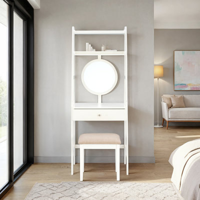 Amrico Makeup Vanity With Fixed Mirror and Upholstered Stool by Wade Logan