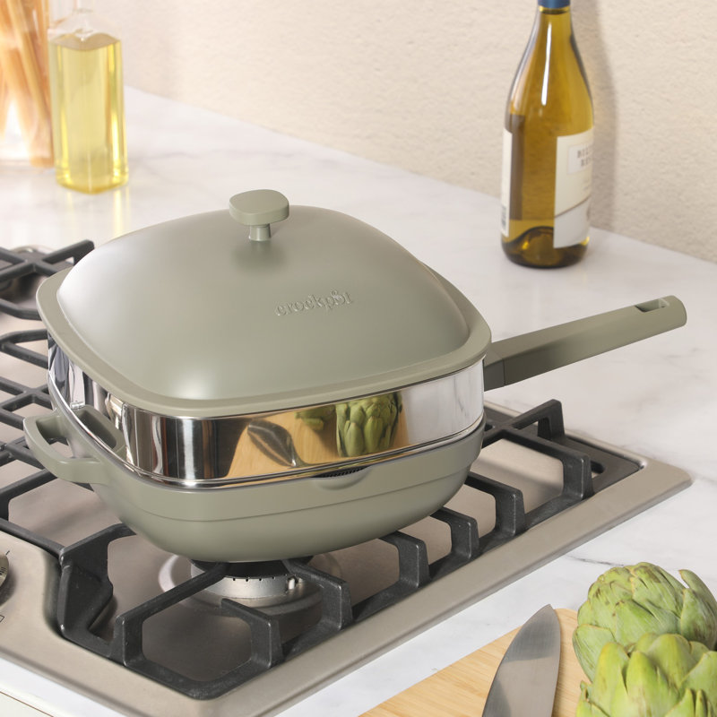 Poêle à sauter en céramique antiadhésive de 5,3 pintes avec panier à vapeur et couvercle Crock Pot Northvale, Sauge mat