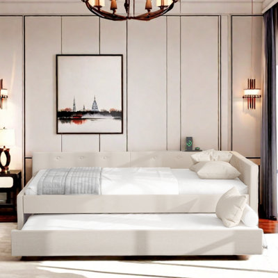 Radiana Upholstered Daybed Bed with USB and Twin Size Trundle