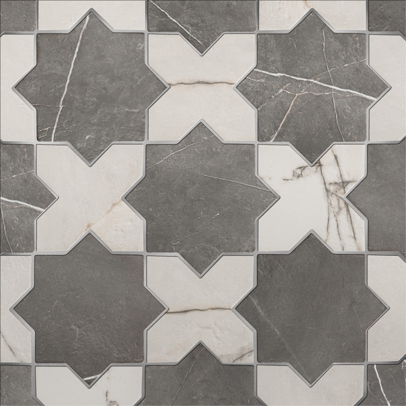 Istanbul Star with Cross 6 In. X 12 In. Porcelain Floor And Wall Tile Kit, Black/White