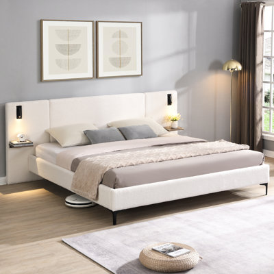 White Boucle Fabric Upholstered King Bed With Reading Lights And Shelving For Bedroom Aesthetic Size Built - In Storage Use