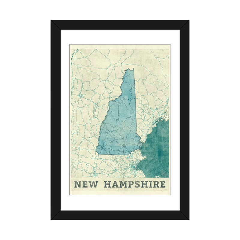 «New Hampshire Map», impression sur toile, H 24 po x l 16 po x P 1 po, Papier d'art encadré noir, Blanc