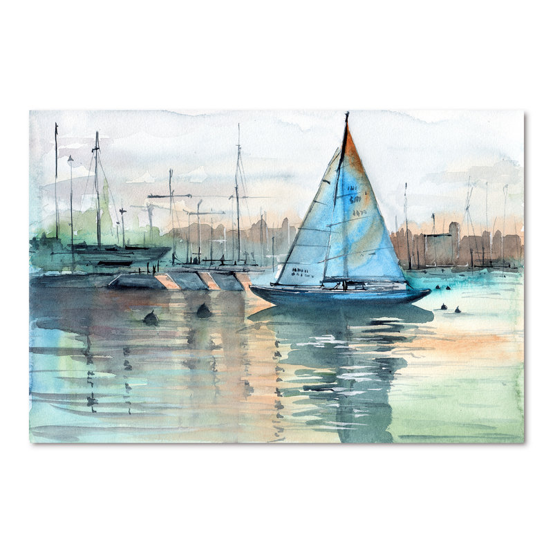 Un voilier dans une marina avec des voiliers - Peinture sur toile, H 40 po x l 60 po x P 1,5 po, Toile tendue