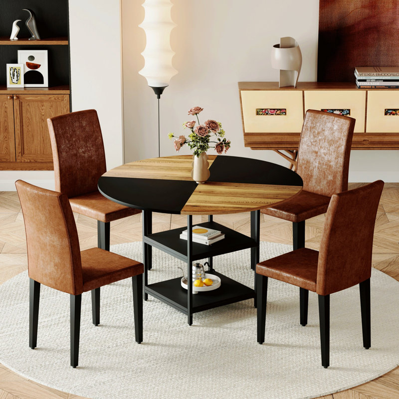 Ensemble de table de salle à manger, table ronde avec tablette de rangement ouverte, table de salle à manger avec quatre chaises rembourrées