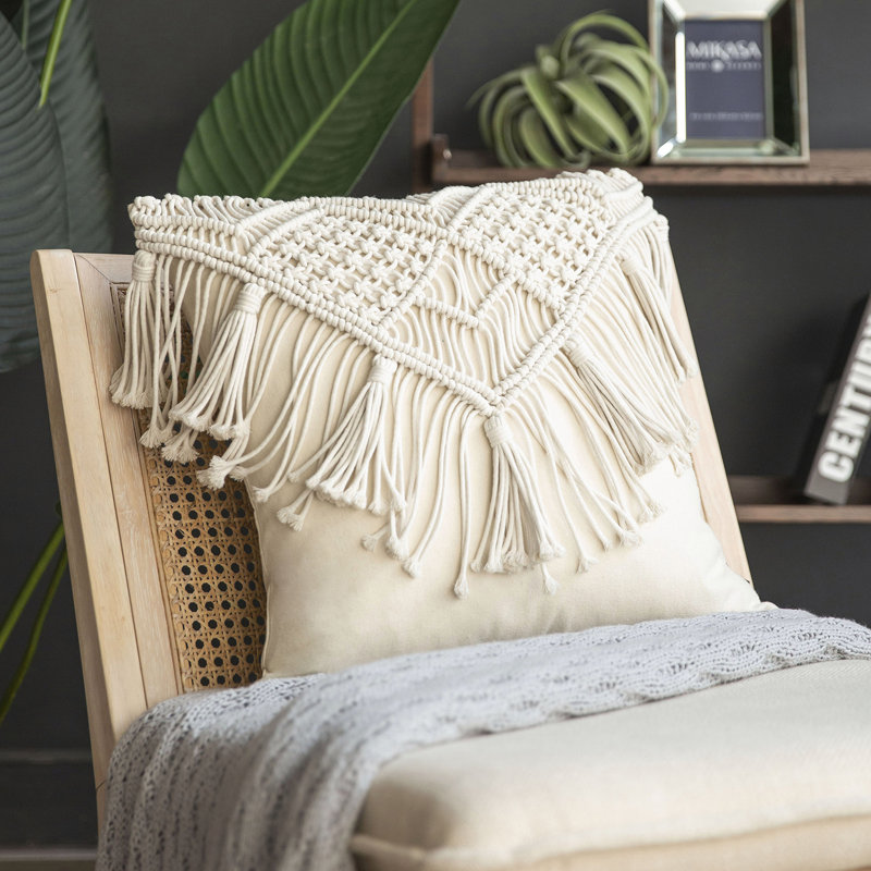 Handmade Crochet Off-White Cotton Boho Throw Pillow 18x18 inches