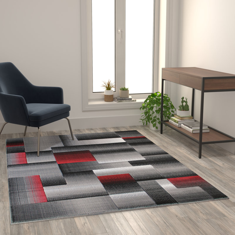 Tapis intérieur rouge et gris à motif géométrique de style moderne Abbie-May, Rectangle 5 pi x 7 pi