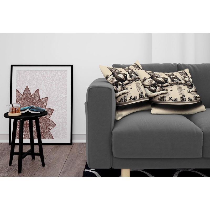 Ivory and Dark Taupe Cat Poker Microfiber Throw Pillow Covers, Set of 2